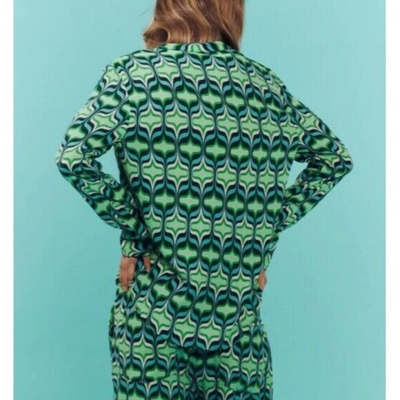 Zara Top Womens Medium Green Artsy Geometric Button Up Crinkle Gauze Boho Retro - Picture 5 of 7